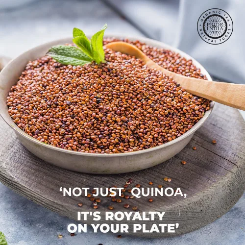 Vista 2 de Pride Of India - Quinua real roja natural - 100% boliviana de grado superior rico en proteínas de grano entero, tarro de 1.5 libras (24oz)