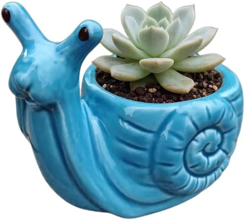 Vista 4 de Maceta de cerámica en forma de caracol animal - Decoración única y encantadora para el hogar (azul)