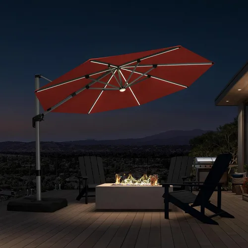 Vista 53 de PURPLE LEAF Sombrilla de patio de 9 x 12 pies con luces, sombrilla rectangular voladiza para exteriores, funciona con energía solar, LED
