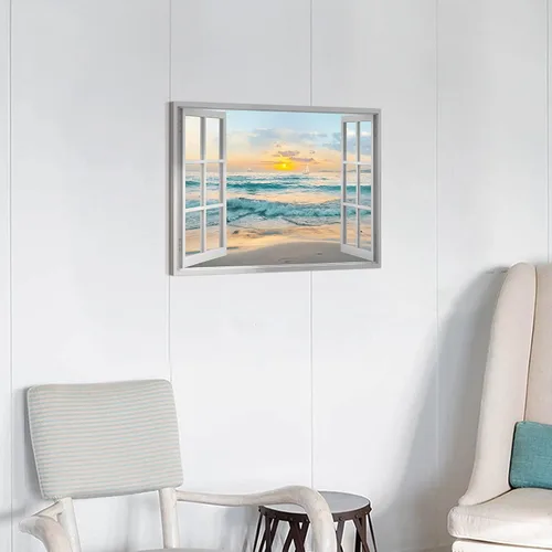 Vista 6 de Arte de Lienzo de Ventana Abierta para Pared: Paisaje Costero de Playa al Atardecer Vista de Ventana Falsa Imagen Olas Azules del Océano Pintura