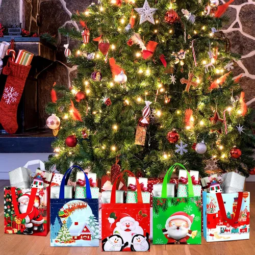 Vista 2 de Xuniea Paquete de 12 bolsas reutilizables de Navidad a granel con asas, bolsas de regalo de Navidad, multifuncionales, no tejidas, para compras
