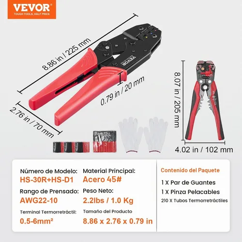 Vista 7 de VEVOR Herramienta de prensado para conectores eléctricos aislados AWG22-10 Engarzadora de terminales de nailon y termorretráctil, alicates