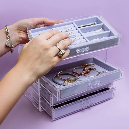 Vista 8 de The TopCherry Organizador de joyas de acrílico con 4 cajones, organizador de aretes, caja de joyería transparente, anillos, collares, pulseras