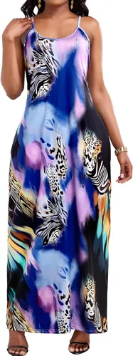 Vista 3 de ZonJie Vestido largo casual bohemio con estampado floral para mujer, holgado, cuello en V, tirantes delgados ajustables, longitud al suelo