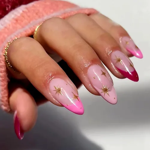 Vista 15 de Uñas postizas largas a presión de almendra, uñas postizas Aurora con punta francesa, 24 unidades, naturales, brillantes, cobertura completa