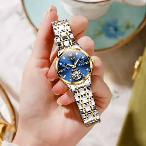 Vista 7 de OLEVS Reloj automático para mujer, de lujo, con cuerda automática, de diamante, de acero inoxidable, de fase lunar, impermeable, esfera azul luminosa