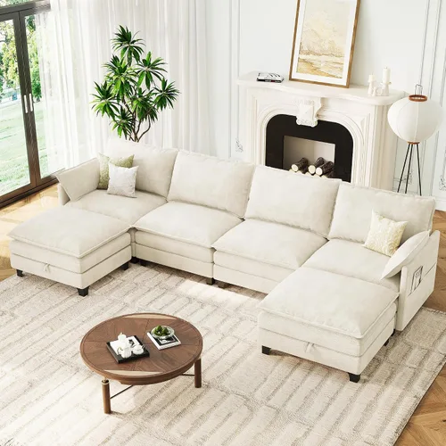 Vista 21 de Sofá modular moderno en forma de L de 106 pulgadas, sofá nube de felpilla con otomana de almacenamiento, sofás de asiento profundo con bolsillo Verde