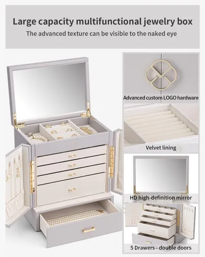 Vista 6 de Vlando Joyero organizador 2023 para mujer, caja de joyería grande con 5 dibujados, cajas de joyería de piel sintética, aretes, collar, anillos, gris