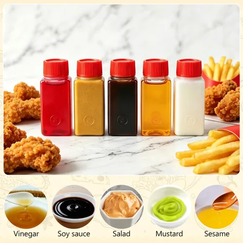 Vista 3 de PRETYZOOM 100 mini botellas de condimentos, recipientes pequeños para salsas, paquetes de condimentos con botellas pequeñas de 0.2 onzas