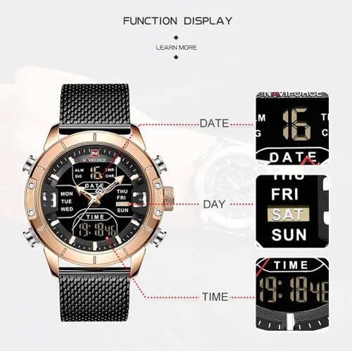 Vista 2 de NAVIFORCE Reloj digital para hombre, resistente al agua, reloj deportivo de acero inoxidable, reloj de cuarzo militar, Azul