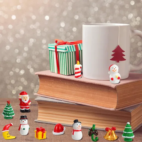 Vista 5 de Kathfly 80 figuras en miniatura de invierno para manualidades, Papá Noel, muñeco de nieve, mini campana de paisaje de resina, copo de nieve, árbol