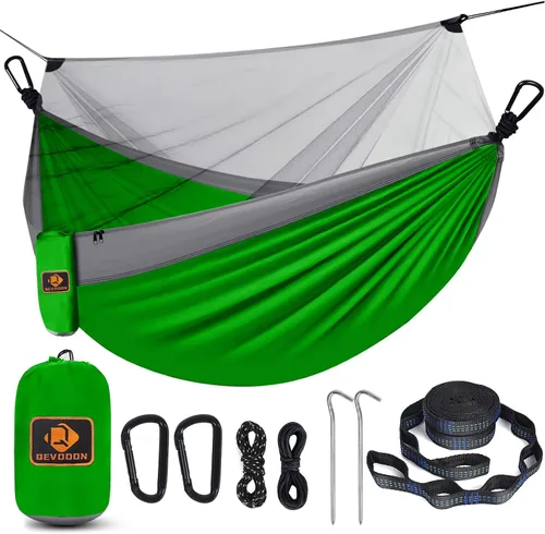 Vista 20 de Qevooon Hamaca de camping con red, hamacas ligeras portátiles de viaje con correas para árboles y mosquetones sólidos en forma de D, hamaca de Negro