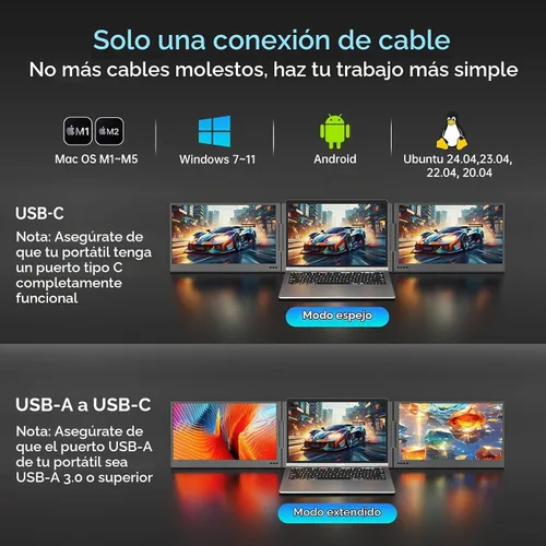 Vista 5 de MT-VIKI Extensor de pantalla para laptop de 15.6 pulgadas, monitor potable para computadora portátil, solo una conexión de cable USB-C, compatible
