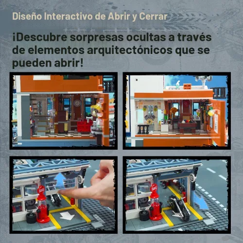 Vista 5 de PANTASY Conjunto de Construcción de Restaurante y Bar de Motocicleta Retro - Kit de Arquitectura Modular de Esquina de Calle con Puertas