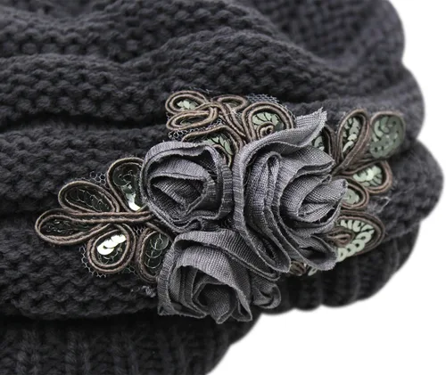 Vista 5 de C-US - Gorro de punto cálido para mujer, con visera de ganchillo con acento de flores