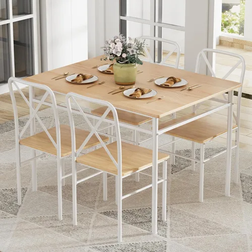 Vista 10 de VECELO Juego de mesa de comedor para 4, mesa de cocina de vidrio de 5 piezas con sillas acolchadas tapizadas para espacios pequeños, rincón