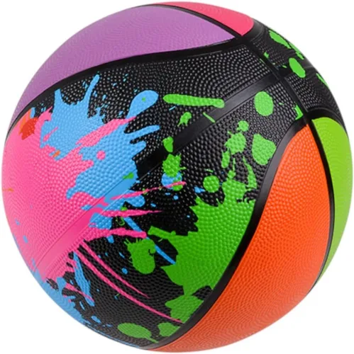 Vista 3 de Balón de baloncesto estilo salpicaduras de color salpicado de 9.5 pulgadas, baloncesto juvenil para uso en interiores o exteriores, goma duradera
