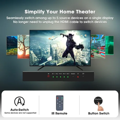 Vista 4 de (Versión más reciente) ROOFULL 5 puertos 4K HDMI Switch con control remoto 5 en 1 salida 4K @60Hz HDMI 2.0 selector de conmutador, Dolby