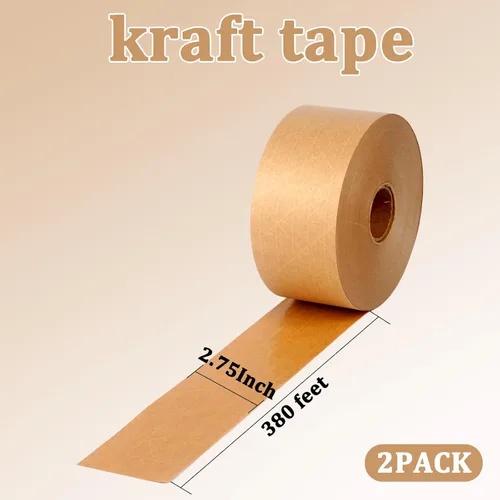 Vista 2 de Cinta reforzada de papel kraft activado por agua, paquete de 2, 2.75 pulgadas x 380 pies, longitud total de 760 pies, para embalaje y envío seguros