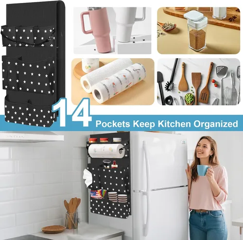 Vista 8 de Organizador de refrigerador pequeño para dormitorio, para colgar sobre el refrigerador, organizador universitario con 14 bolsillos para oficina