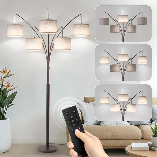 Vista 11 de Lámpara de pie con control remoto, lámparas de pie de arco de 3 luces para sala de estar, lámparas de pie altas de 2400 lm con pantallas blancas