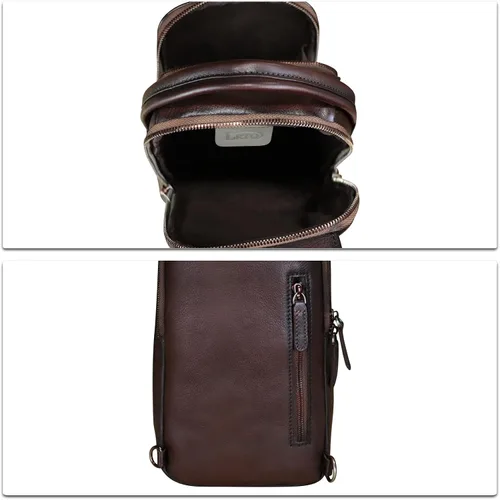 Vista 7 de LRTO Bolso bandolera de cuero genuino para senderismo, mochila retro hecha a mano cruzada en el pecho, bolsa de hombro antirrobo