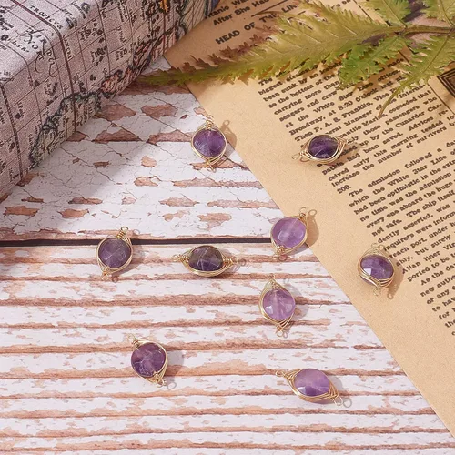 Vista 5 de LiQunSweet 10 piezas de eslabones de piedras preciosas de cristal de amatista natural, enlaces envueltos en alambre con alambres de latón dorado