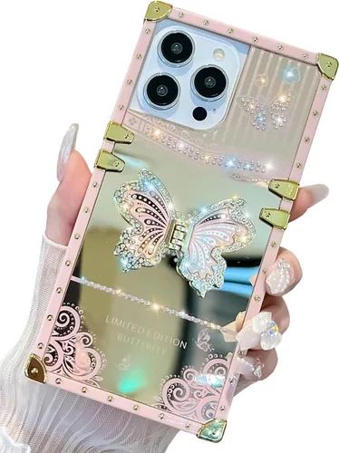 Vista 10 de Funda Rectangular de Lujo Femenina Compatible con iPhone 16 Pro Max Diseñada con Soporte de Anillo de Diamante con Función de Atril