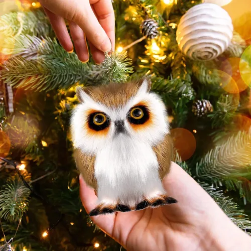 Vista 6 de Sratte Adorno navideño de búho peludo, lindo adorno de animal colgante para árbol de Navidad, fiesta de carnaval (marrón, 12 piezas)