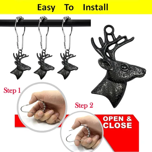 Vista 6 de Juego de 12 ganchos para cortina de ducha de ciervos, anillos rústicos para baño, decoración temática de Navidad, cuernos de reno, madera de ciervo