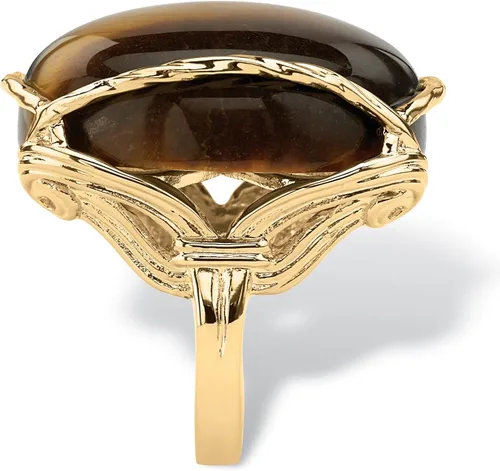 Vista 2 de Anillo de almohada de ojo de tigre marrón genuino chapado en oro amarillo de 14 quilates