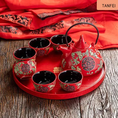 Vista 2 de Juego de té de cerámica tradicional chino de la boda retro rojo doble felicidad tetera taza de té recién casados regalo suministros de boda