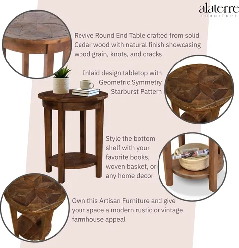 Vista 4 de Alaterre Furniture Revive - Mesa auxiliar redonda de 20 pulgadas con estante inferior para almacenamiento y personajes de madera únicos, muebles