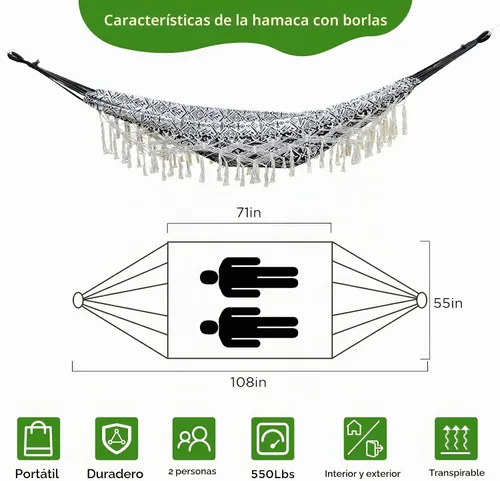 Vista 3 de Hamaca doble con flecos bohemios a rayas negras con flecos, cama colgante de tela de algodón suave para interiores y exteriores con cuerdas