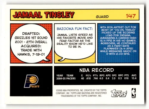 Vista 2 de 2005-06 Topps Bazooka #147 Jamaal Tinsley NM Near Mint Pacers