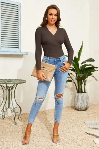 Vista 6 de Fangetey Suéter sexy de manga larga con cuello en V profundo para mujer