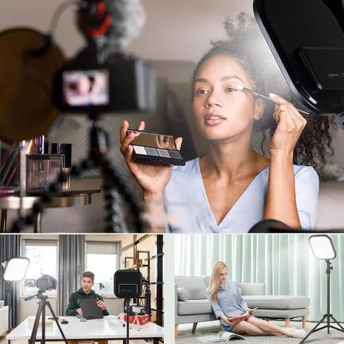 Vista 6 de Paquete de 2 luces LED de video, luz de estudio de 15 W, temperatura de color de 2500-8500 K con soporte de trípode y soporte para teléfono