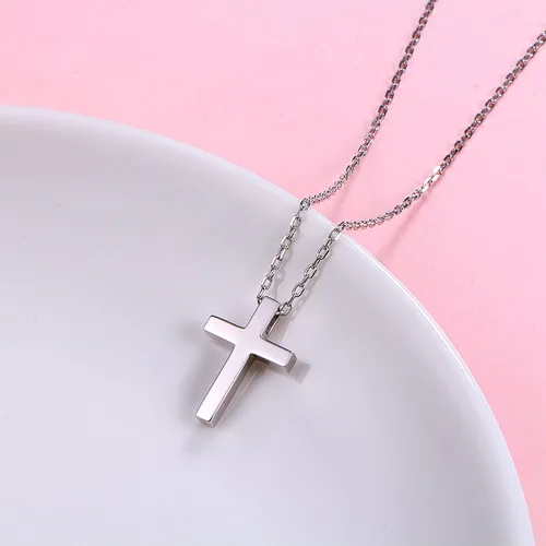 Vista 3 de Cadena Alphm de plata de ley con diseño de cruz pequeña, brazalete, collar, aretes