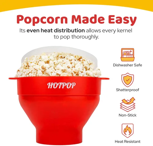 Vista 4 de The Orginal HOTPOP - Máquina para hacer palomitas de maíz de silicona, para microondas con asas, cuenco plegable, resistente al calor, fácil