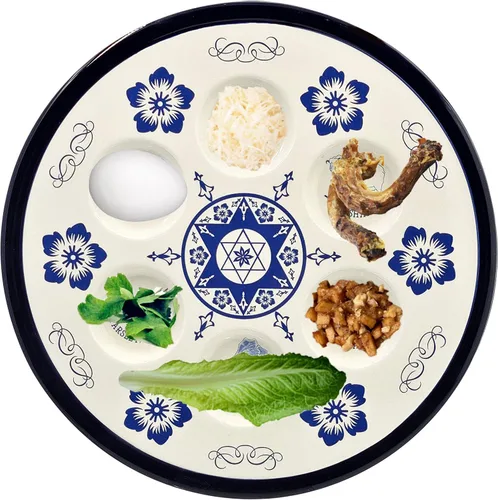 Vista 2 de The Dreidel Company Placa de cerámica Seder con diseño renacentista para Pascua, 12 pulgadas de diámetro, color azul (diseño renacentista)
