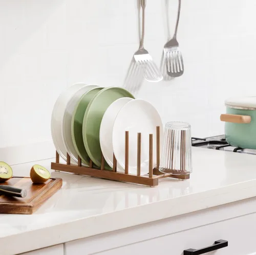 Vista 5 de HBlife - Escurreplatos de madera de acacia con organizador de tapa de olla y plato para gabinete, soporte de tabla de cortar, esculpidor