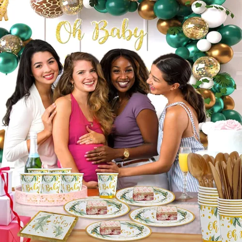 Vista 6 de Decoraciones de baby shower verde salvia, juego de vajilla neutral para fiesta de Oh Baby; platos de 9 pulgadas, platos de 7 pulgadas, servilletas