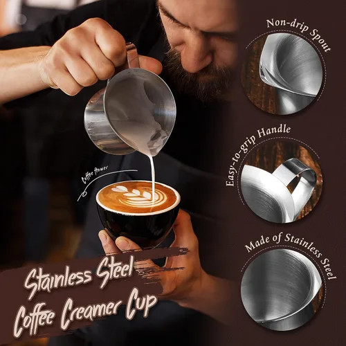 Vista 3 de Potchen Paquete de 6 cremas de campana de acero inoxidable de 3 onzas, mini jarras de leche para café con mango y tazas de boquilla para servir