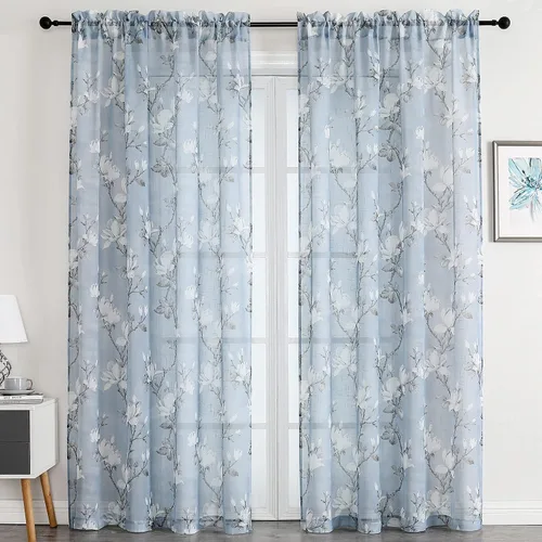 Vista 10 de SMILE WEAVER 2 paneles de cortinas traslúcidas turquesa de 45 pulgadas de largo, para sala de estar, cortinas semitransparentes florales