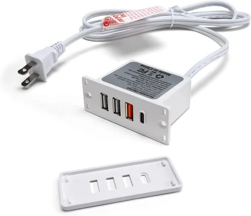 Vista 2 de Enchufe USB C con enchufe empotrado USB C Power Strip Outlet con carga rápida 4 puertos USB 20W montado en la cama escritorio mesa sofá (blanco)