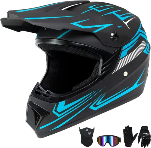 Vista 11 de Casco de motocross para niños jóvenes, casco de motocicleta todoterreno con (gafas, guantes, máscara), juego de 4 piezas, casco de cara completa