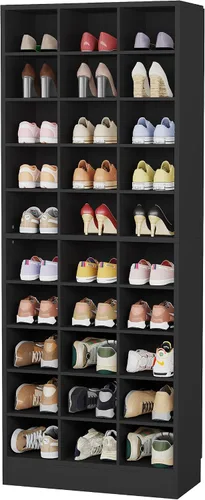 Vista 9 de Tribesigns Armario de almacenamiento de zapatos de 10 niveles, zapatero de madera negro con 30 cubículos, organizador de zapatos alto independiente