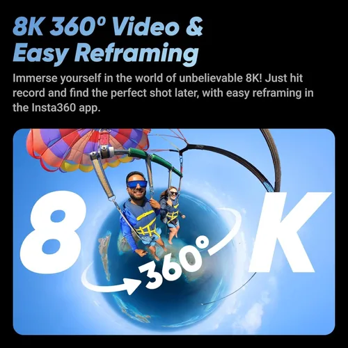 Vista 8 de Insta360 Cámara de acción impermeable X4-8K 360, video gran angular 4K, efecto selfie stick invisible, protectores de lente extraíbles, duración
