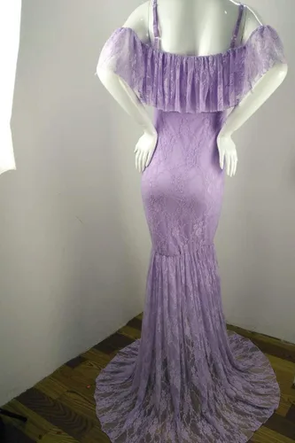 Vista 6 de HIHCBF Vestido de sirena de maternidad de encaje para mujer, hombros descubiertos, volantes, tirantes delgados, ajustado, para sesión de fotos