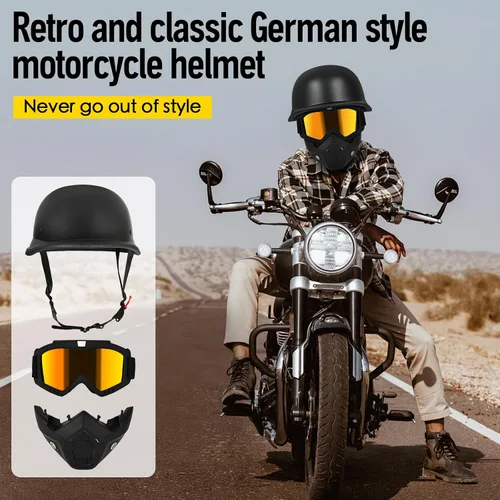 Vista 2 de Casco de motocicleta estilo alemán, casco de media cara para adultos, hombres y mujeres, casco de media cara, aprobado por DOT, casco retro de media